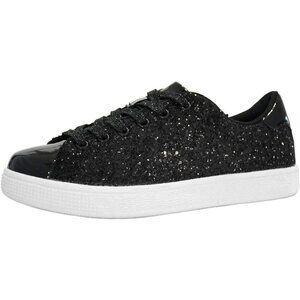 Women's Black PU Glitter Lace up Sparkly Comfortable Fashion Sneakers